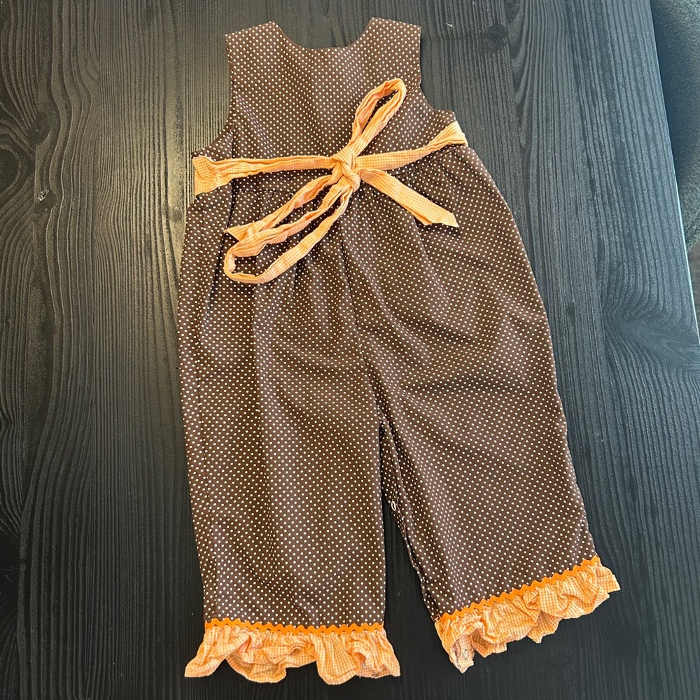 EUC Stellybelly Brown Polka Dot Overall romper with Turkey appliqué 2t - Picture 2 of 2